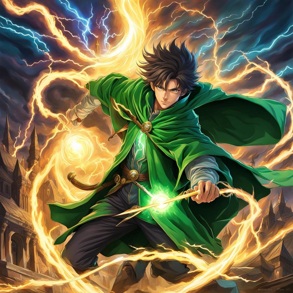 Young Wizard Attacks with Lightning Magic in Anime Style