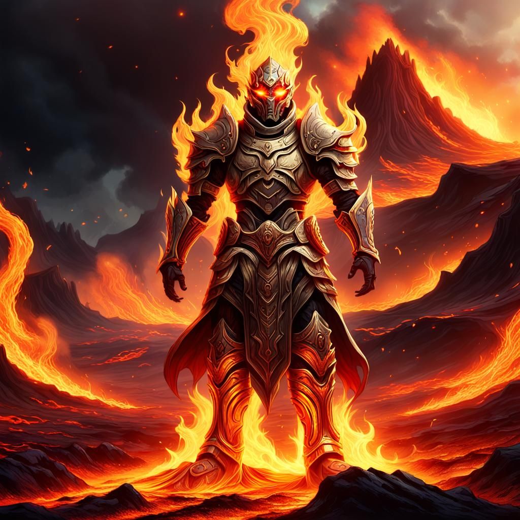 Fiery Warrior in Burning Landscape, Fantasy Illustration
