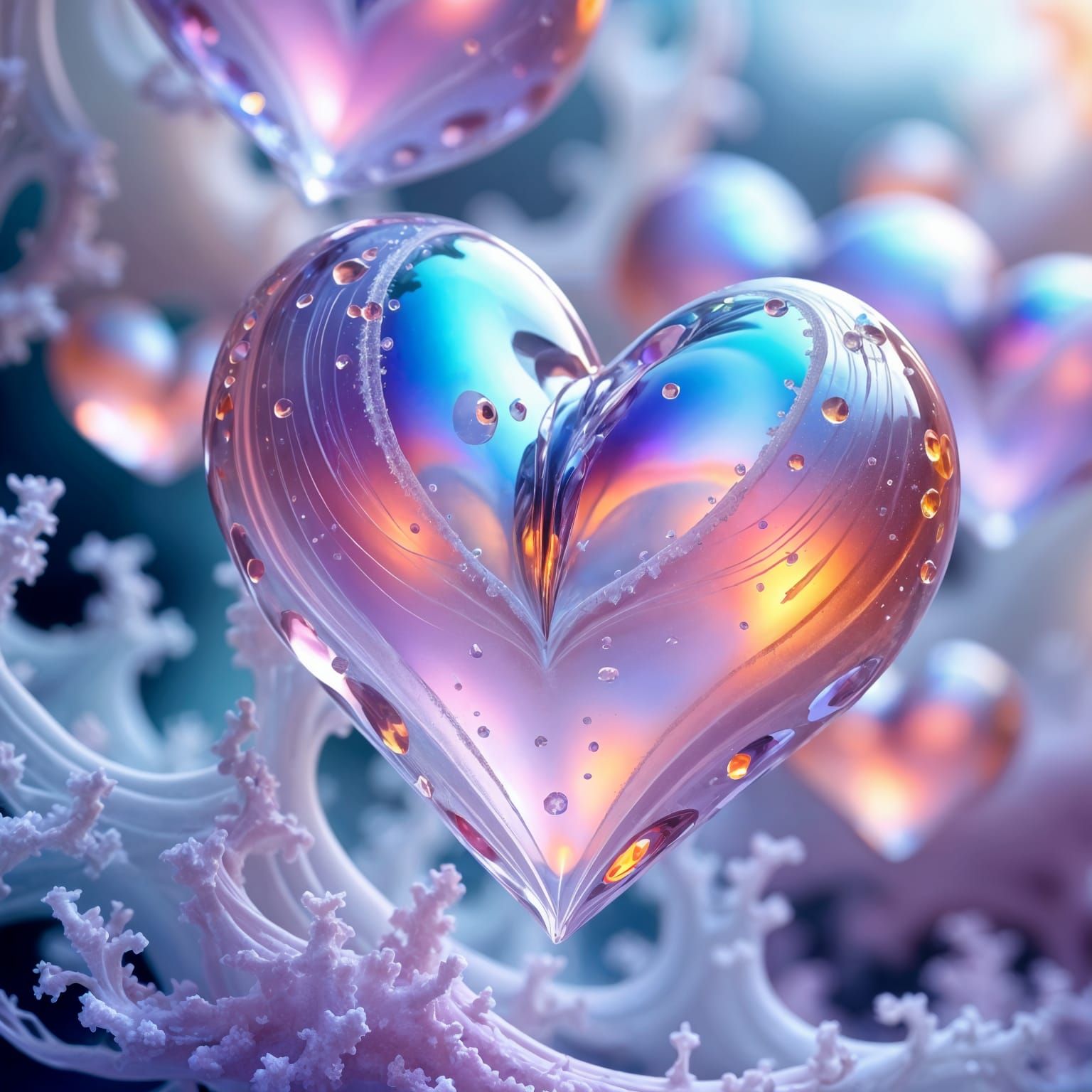 Iridescent Glass Hearts in Dreamlike Surrealism