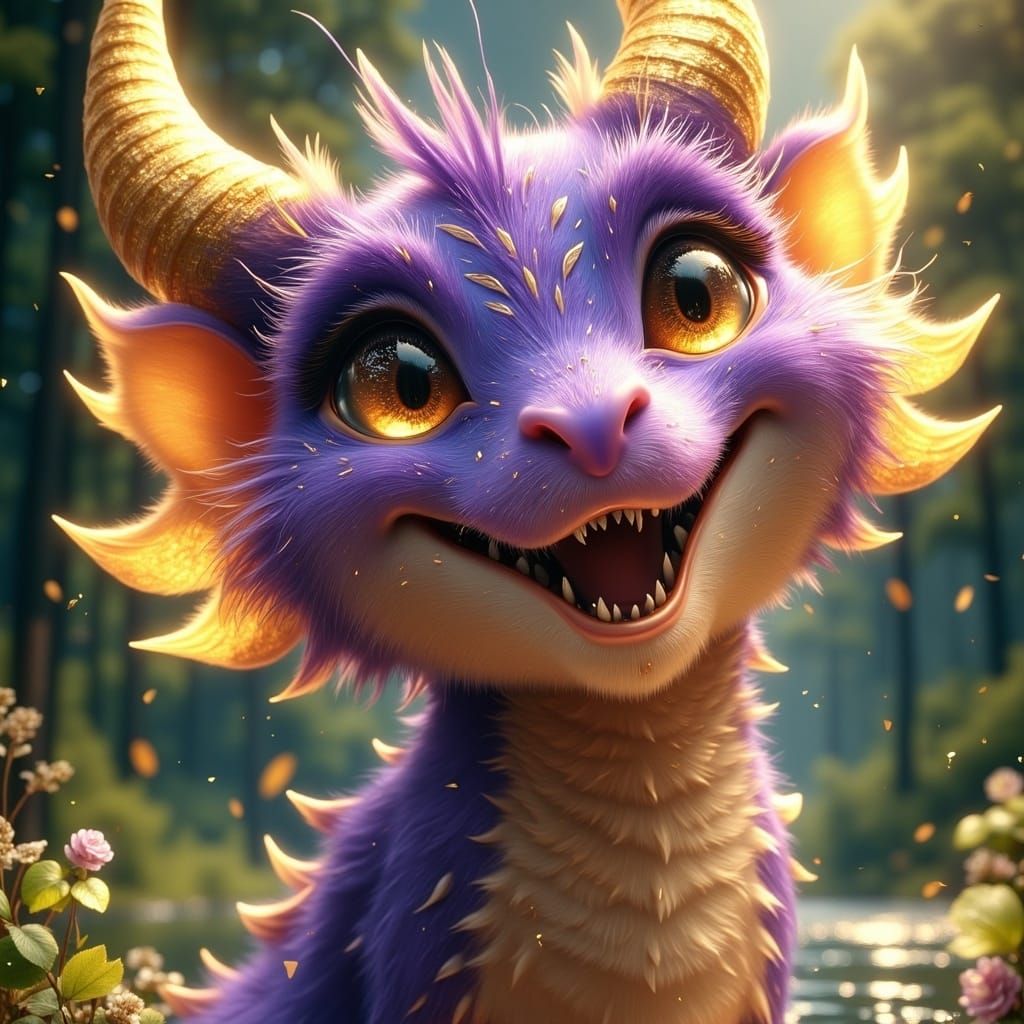 Smiling Dragon in Vibrant Fantasy Landscape