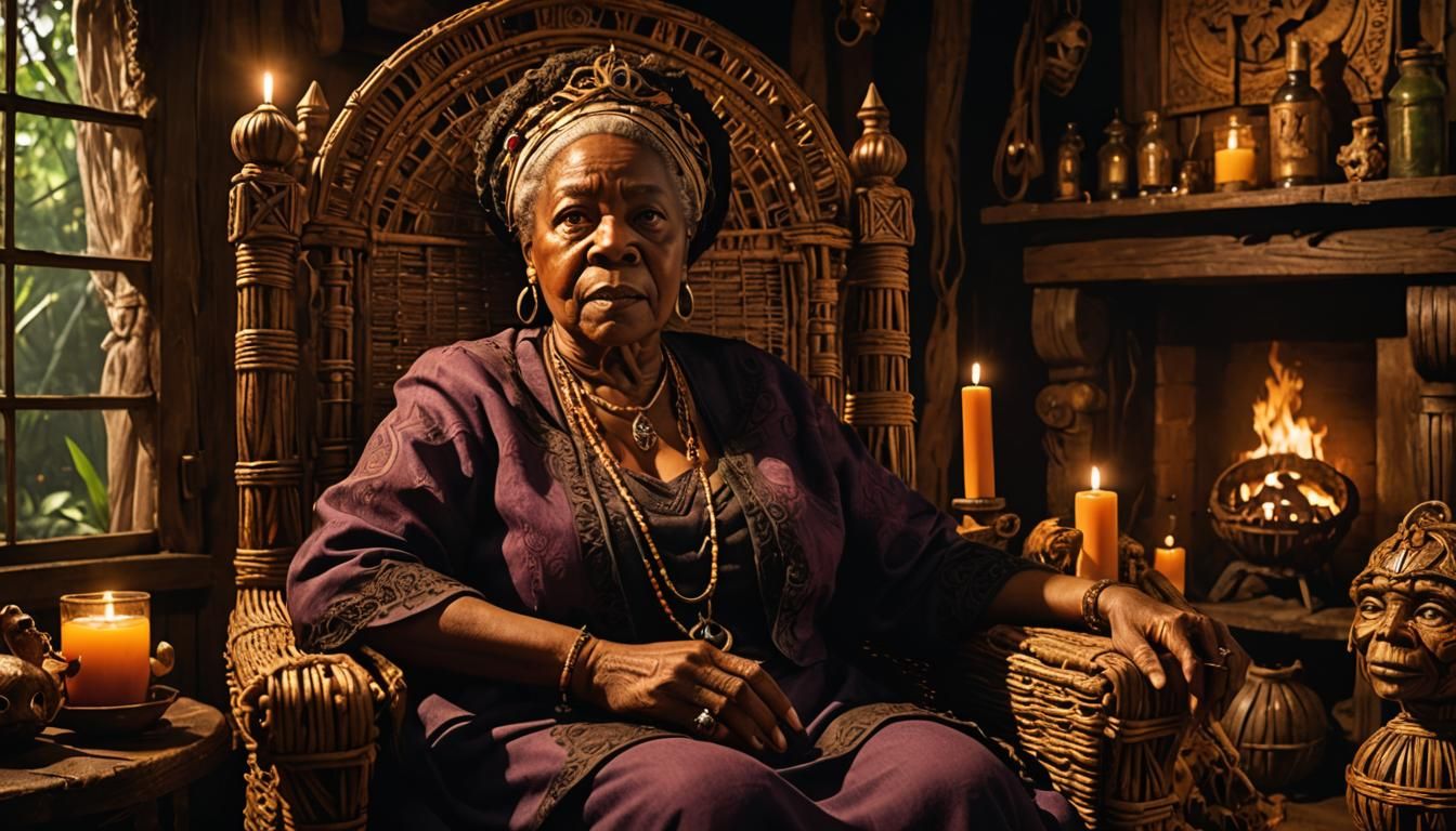 Mystical Bayou Witch on Carved Throne