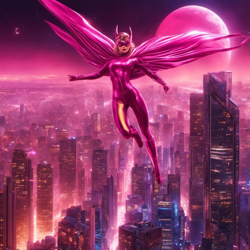 Female Superhero in Vaporwave Cityscape, Hyperrealistic 8k