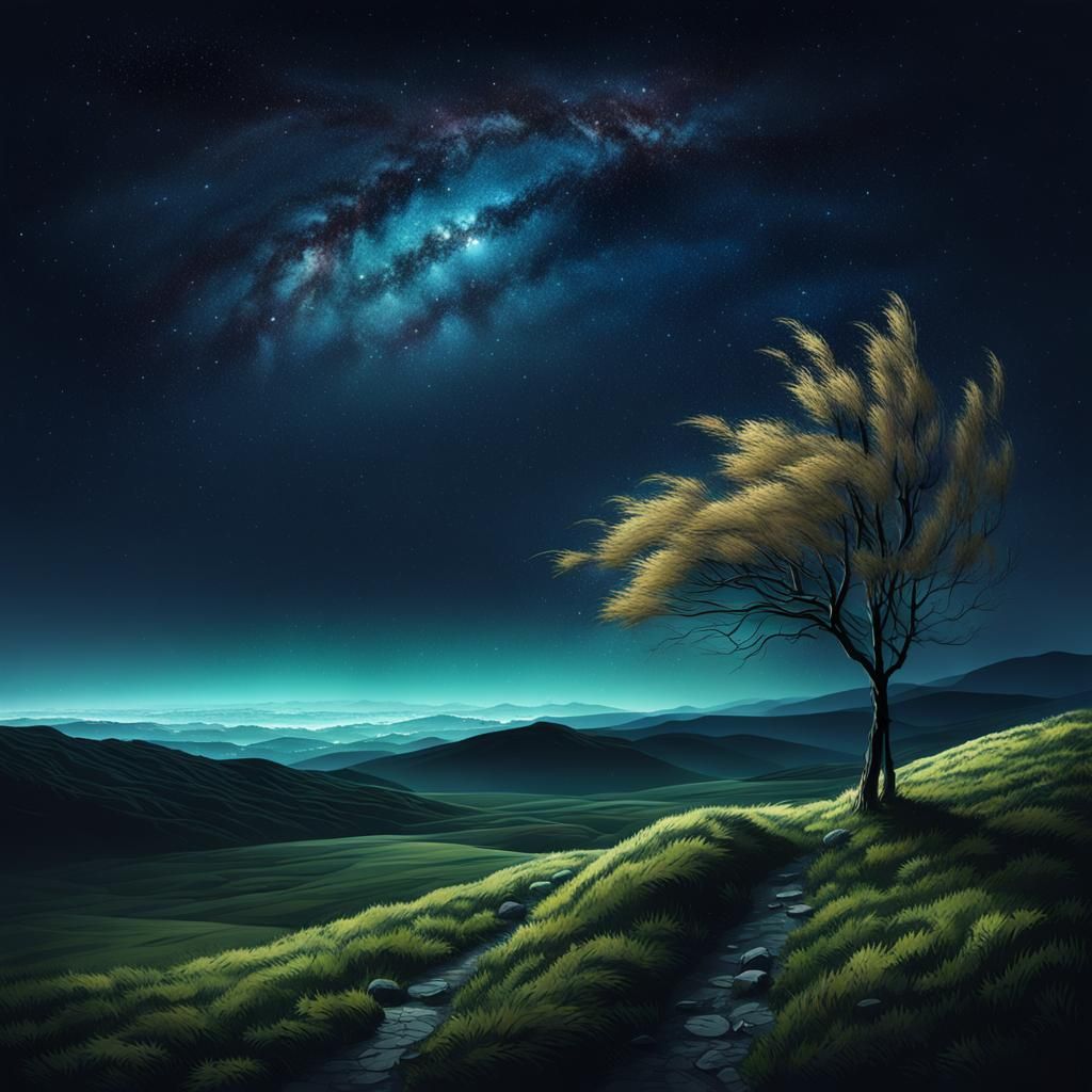 Stormy Nighttime Landscape in Dark Blues and Greens