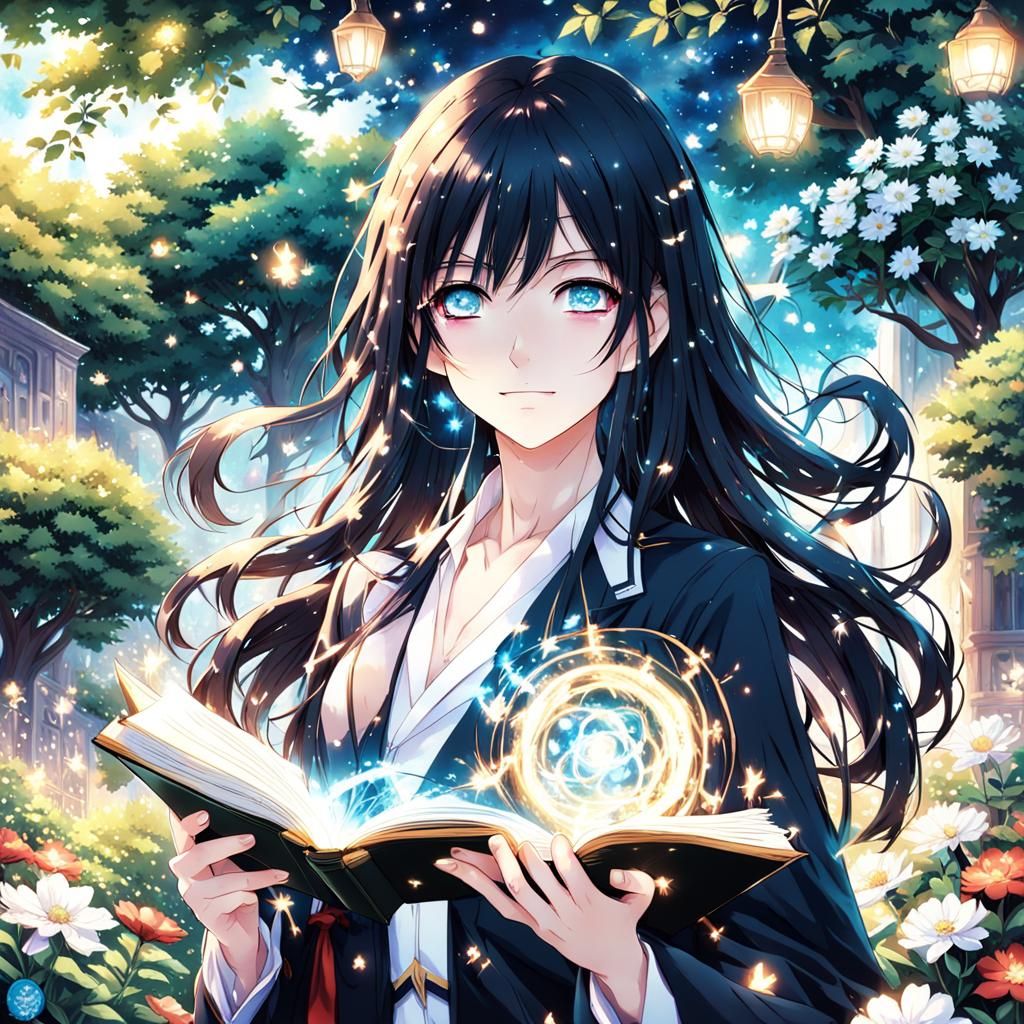Anime Girl in Garden with Magic Book