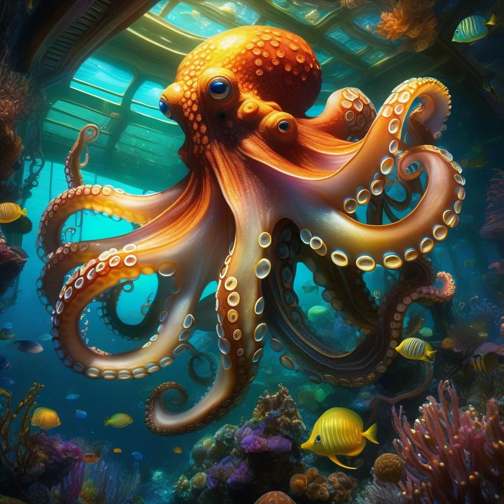 Glittery Octopus in Underwater Home with Sea Friends