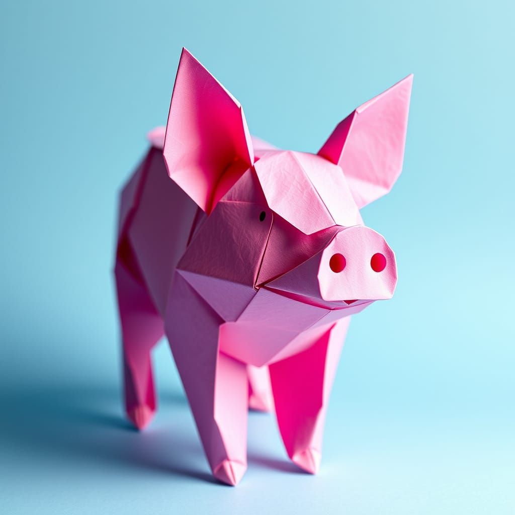 Pink Origami Pig in Pop Art Style