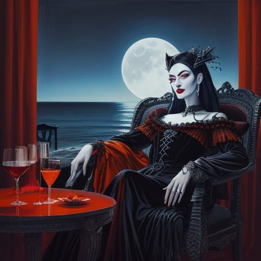 Surreal Vampire Goddess Basks in Moonlit Splendor