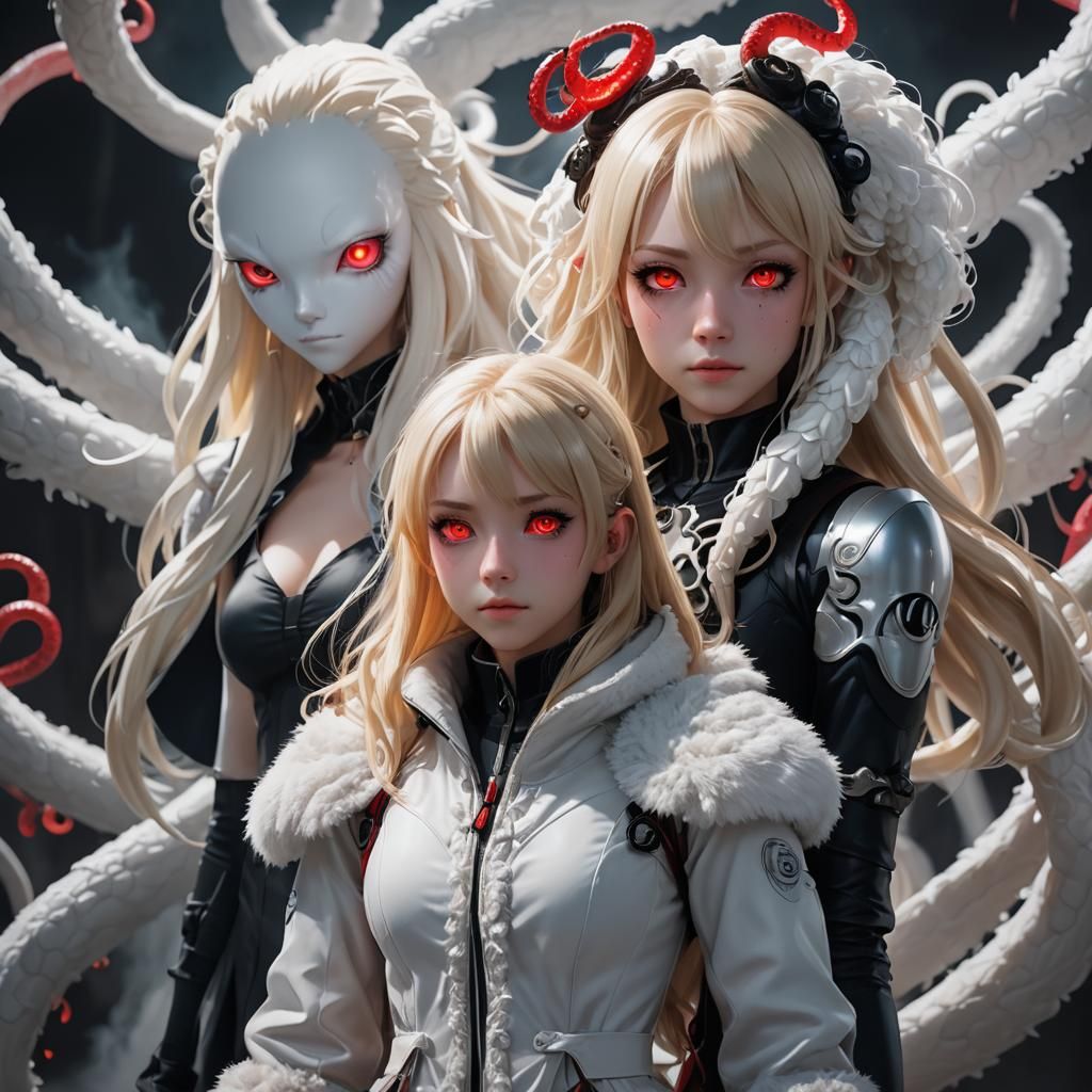 Ominous Anime Girl with Furry Humanoid in 3D