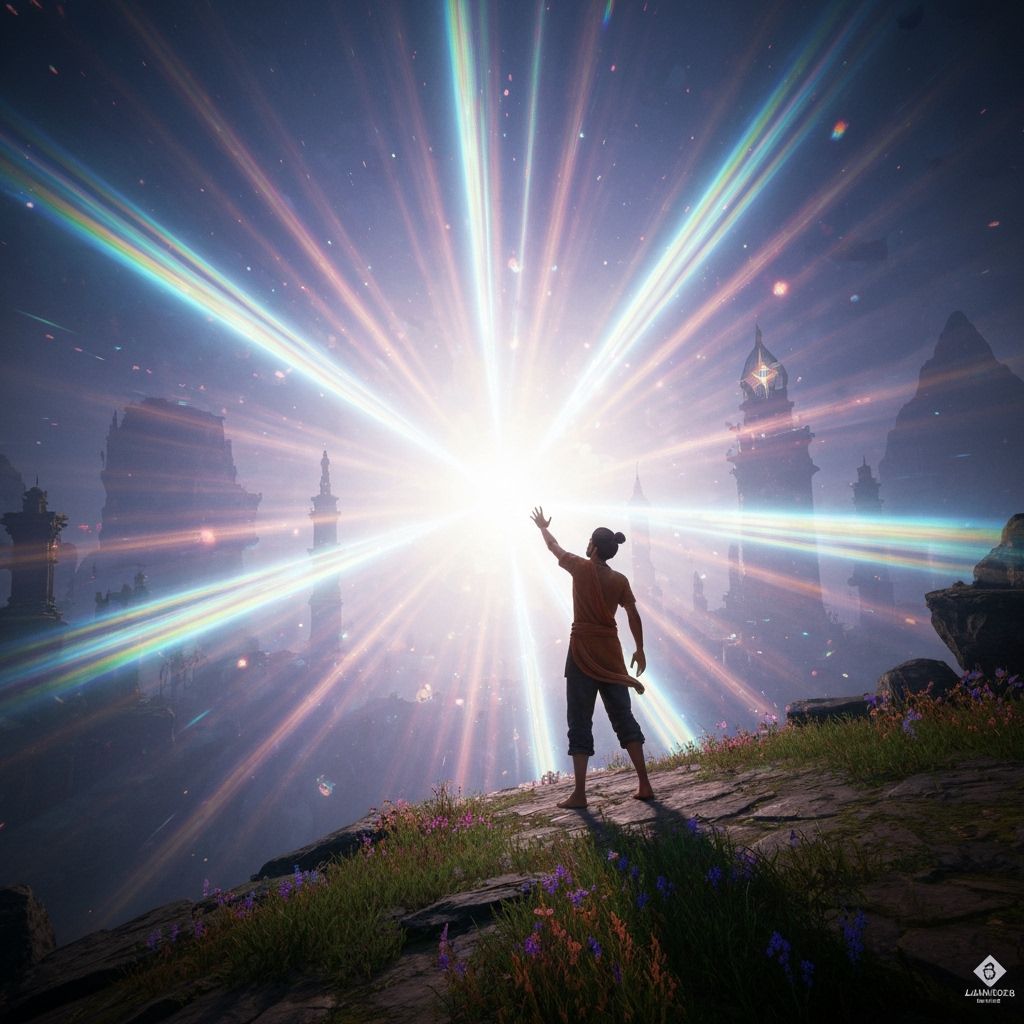 Believer Reaches for Divine Light in Epic 3D Landscape