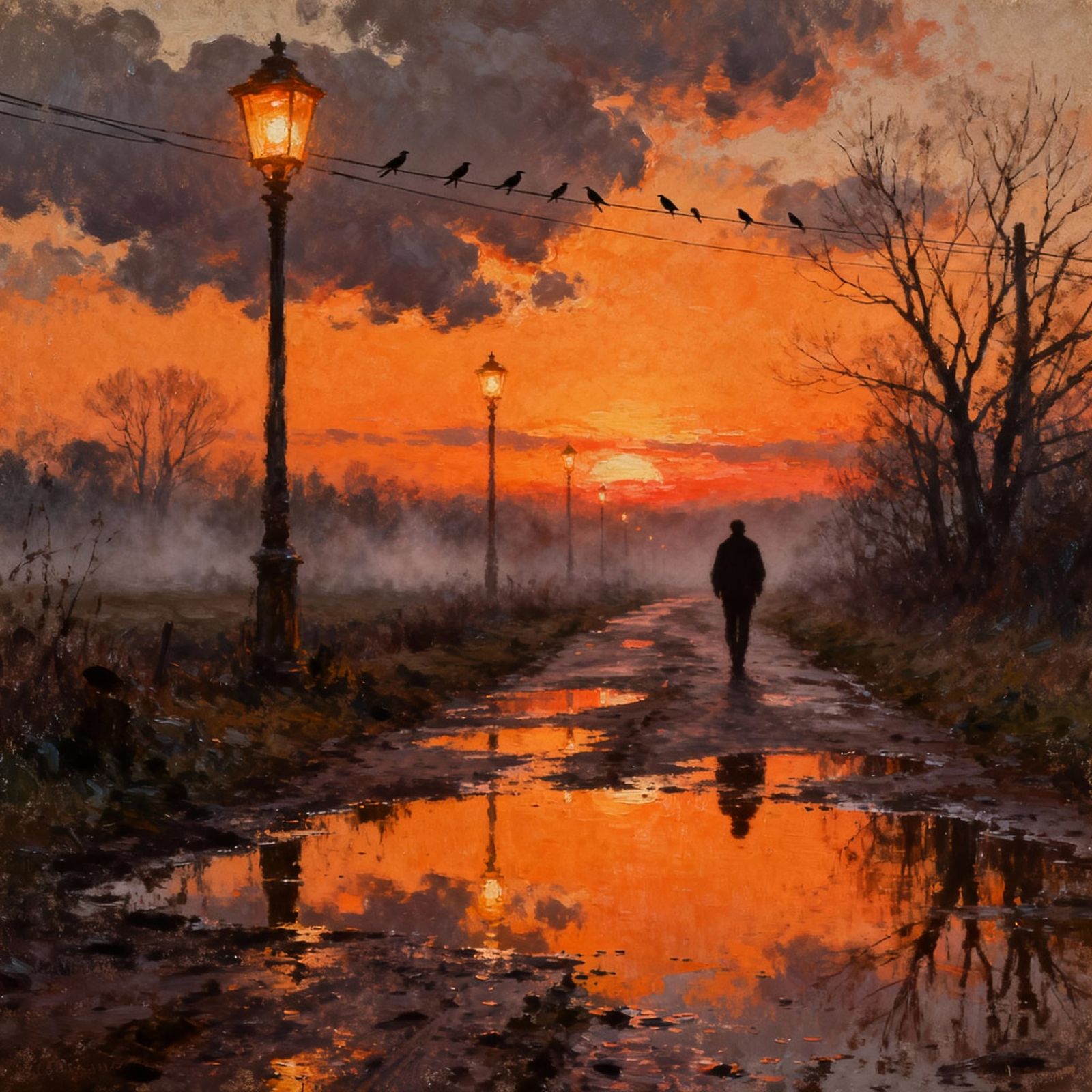Sunset Over Wet Rural Path With Glowing Lanterns