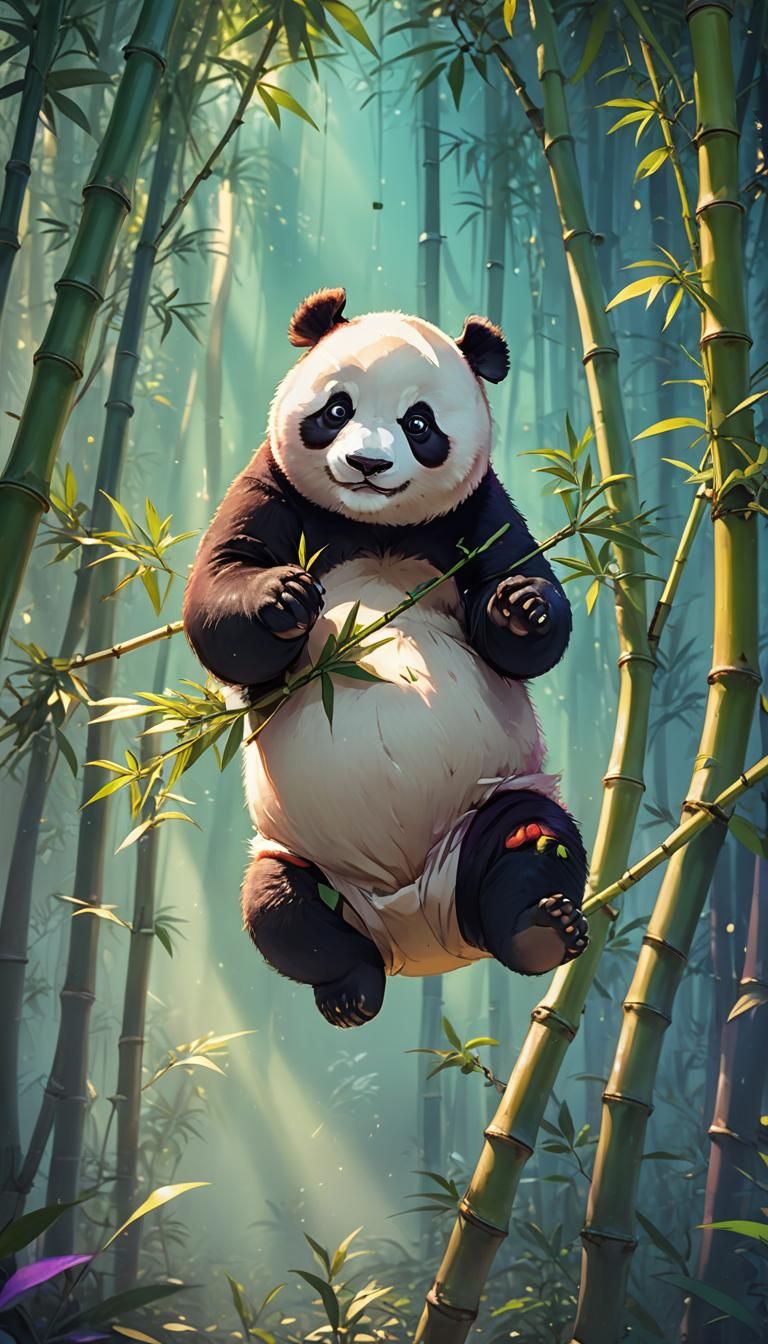 Magic Panda Reaching for Bamboo: Vibrant Anime Art