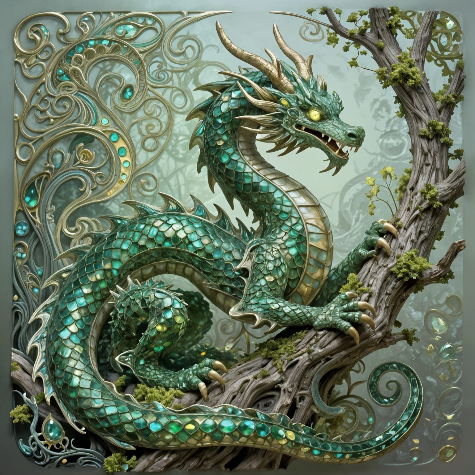 Green Dragon Art Nouveau Sculpture