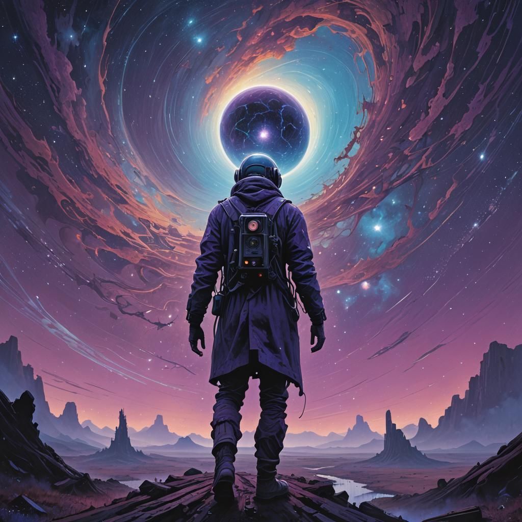 Cosmic Figure Enters Swirling Purple Nebula