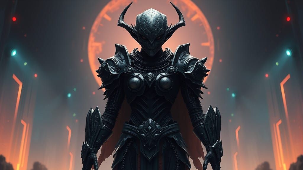 Dark Fantasy Warrior in Sci-Fi Landscape