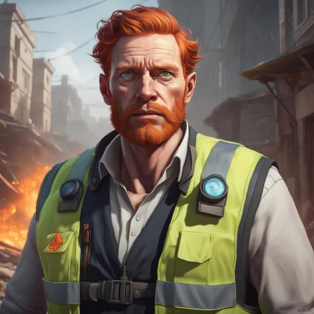 Ginger Reverend Helping During Earthquake, Detailed Portrait