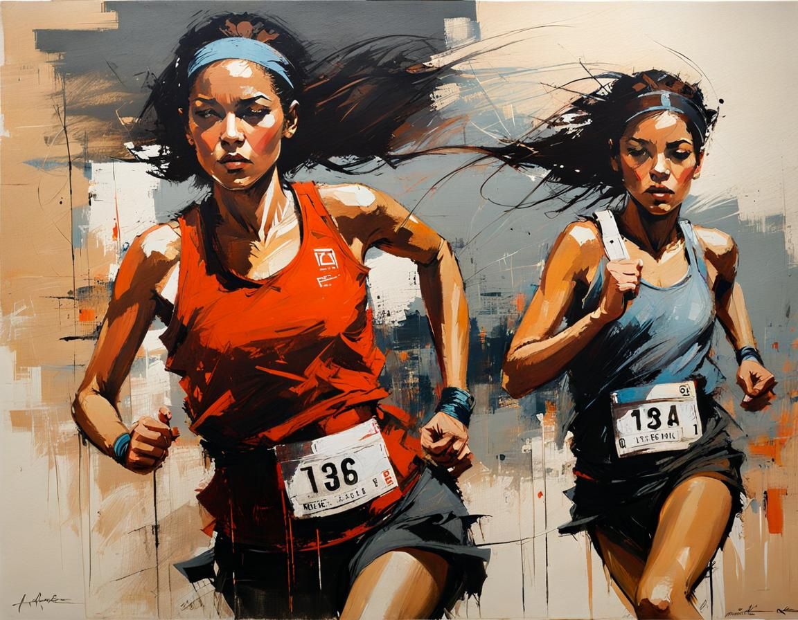 Girls Running a Race as Oil Painting