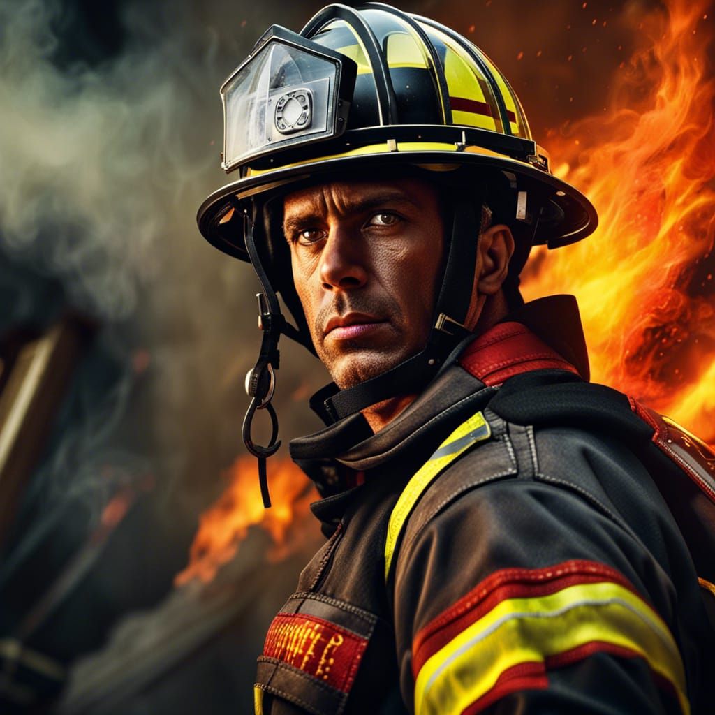 Heroic Firefighter in Burning Inferno: Photorealistic Art