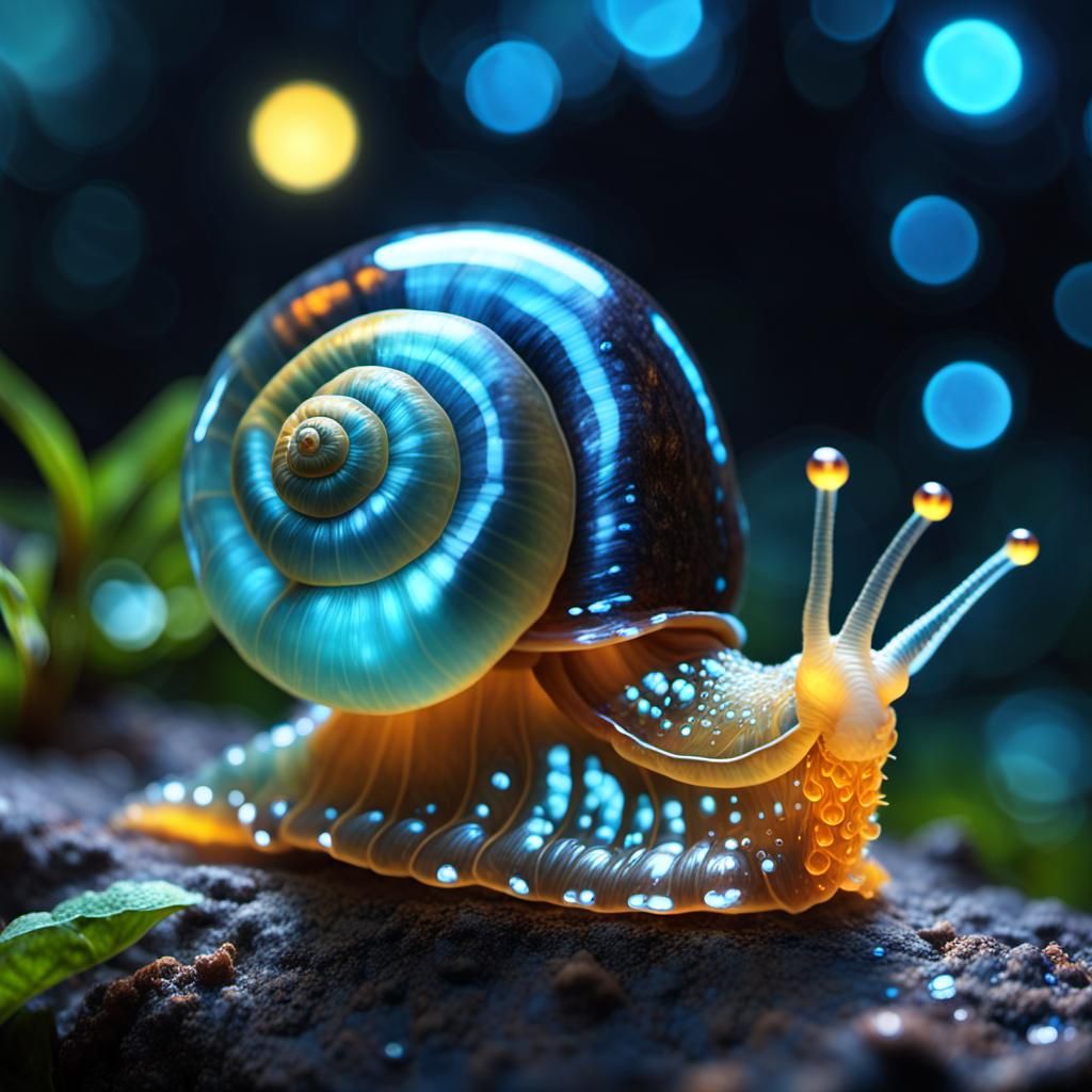a big bioluminescence jelly slimmy monster snail made of dazzlingly glowing bioluminescence, transparent slimy skin tra...