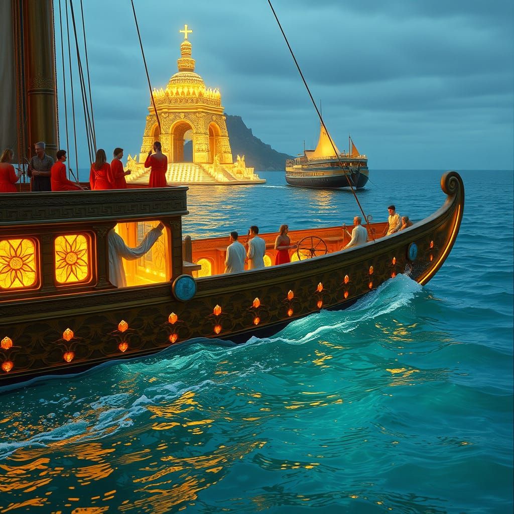 Ornate Atlantean Vessel Sailing Crystal Waters