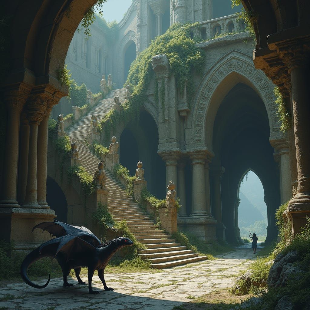 Dark Fantasy Warrior Hunts Wyvern in Ancient Ruin