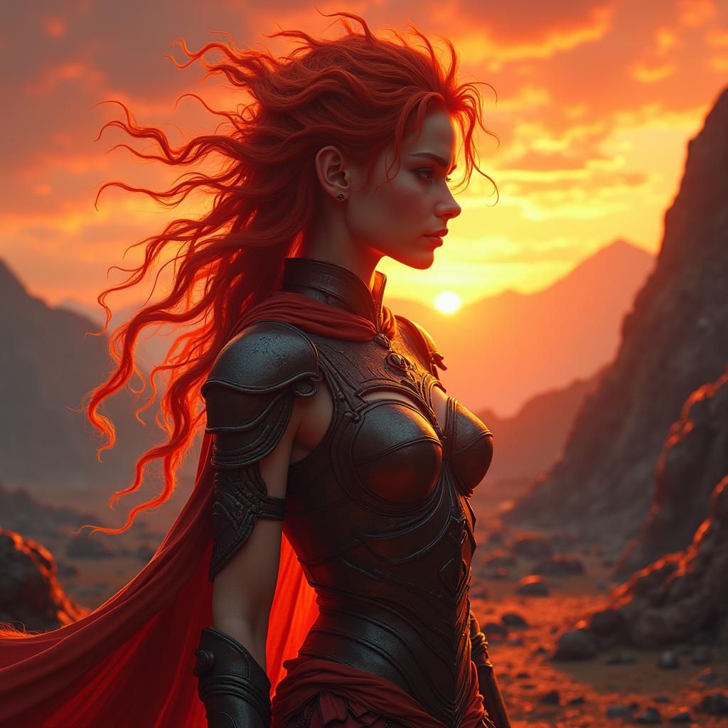 Fiery Haired Girl in Volcanic Landscape