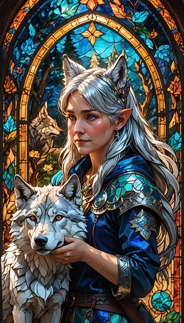 a vibrant stained glass art of a cute silver-haired woman wi...