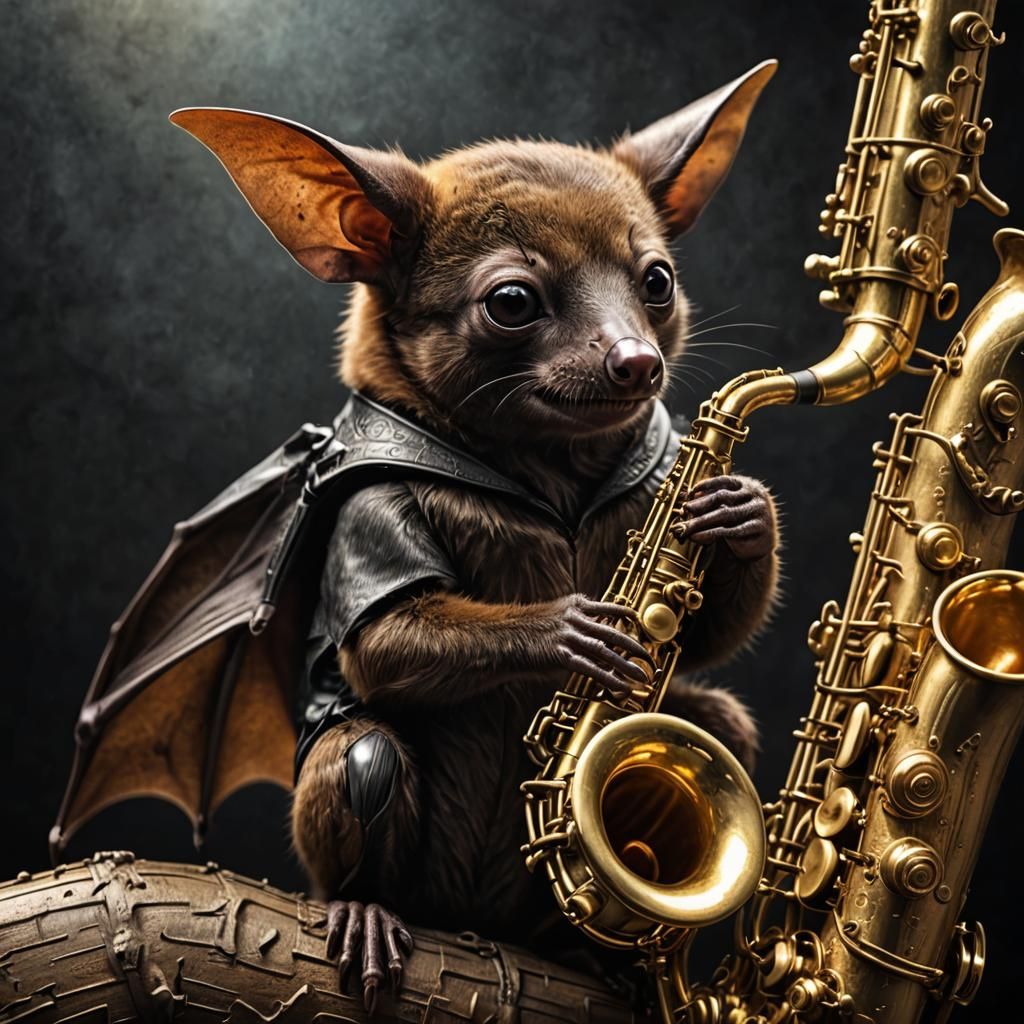 A baby fruit bat playing a saxophone