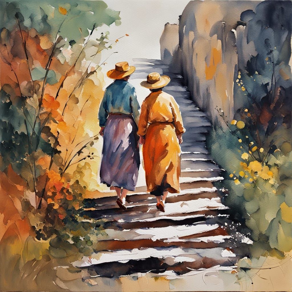 Two Women in Impressionist Watercolour, Stairway Embrace