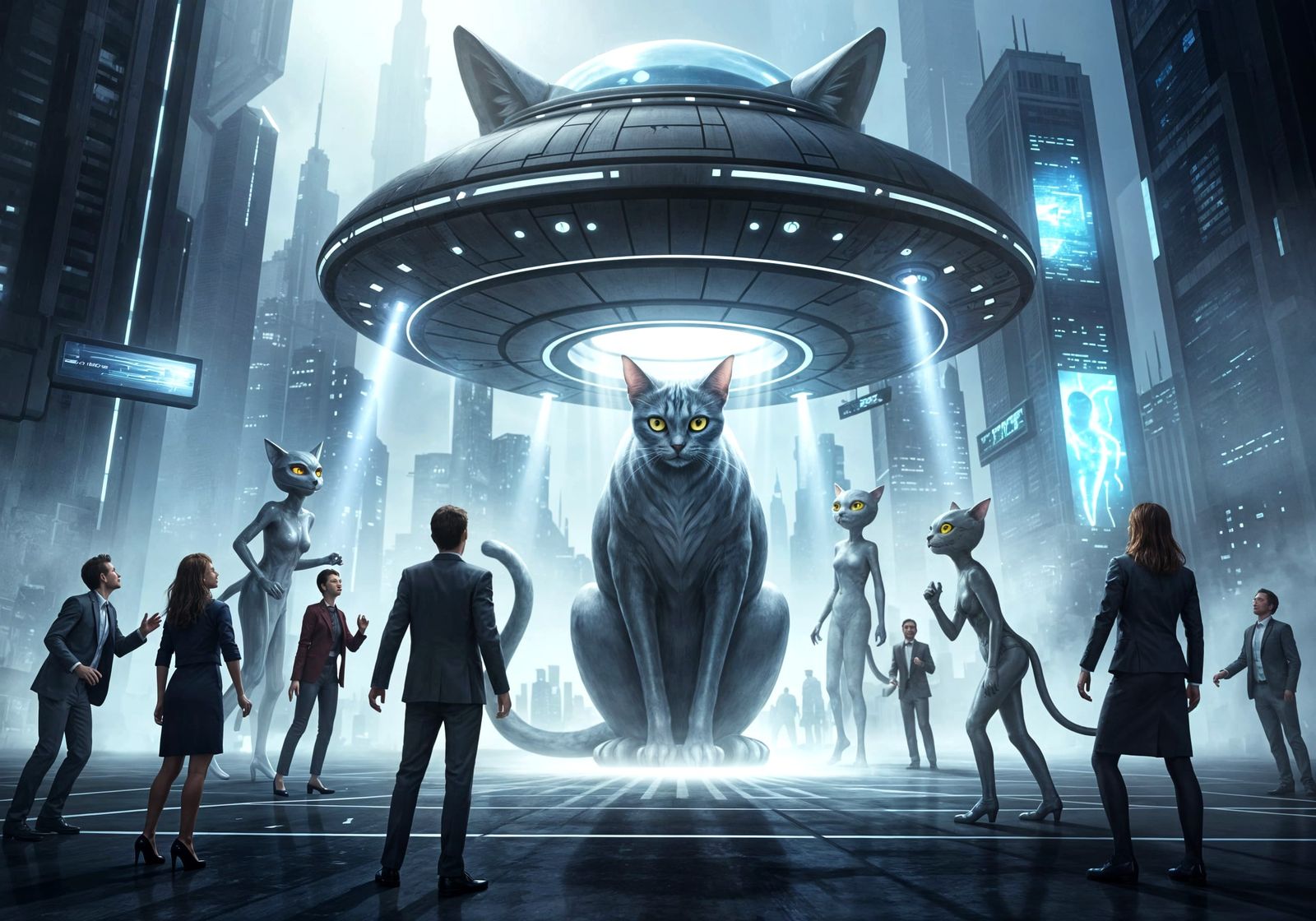 Cat UFO Lands in Futuristic City: Hyperrealistic Alien Encou...