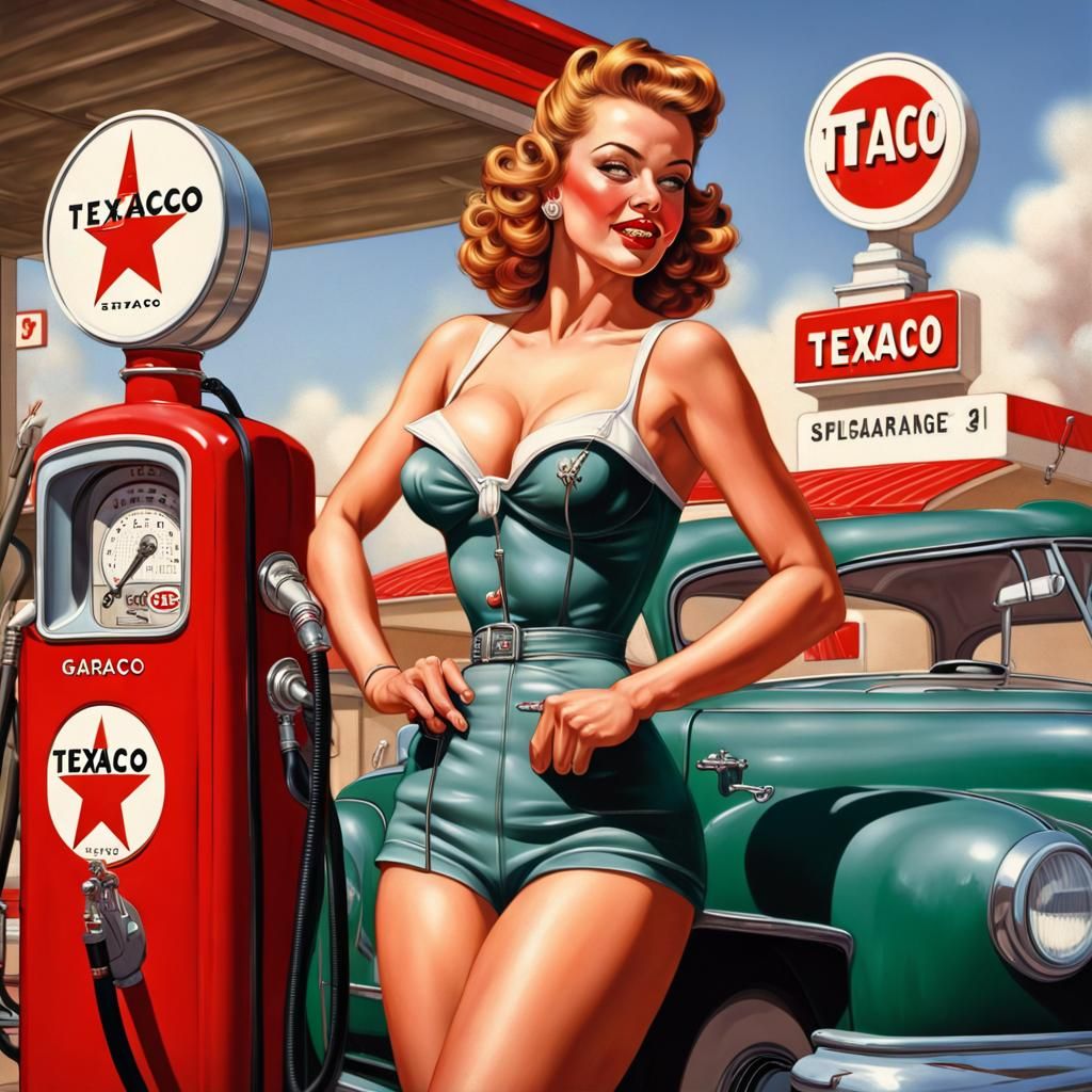 1940s Pin-Up Girl in Texaco Garage, Hyperrealistic Art