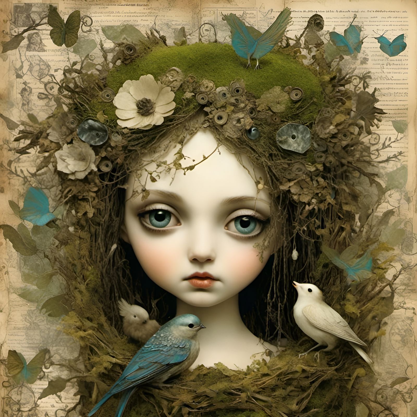 Gothic Moss Princess Collage with Bird Nest