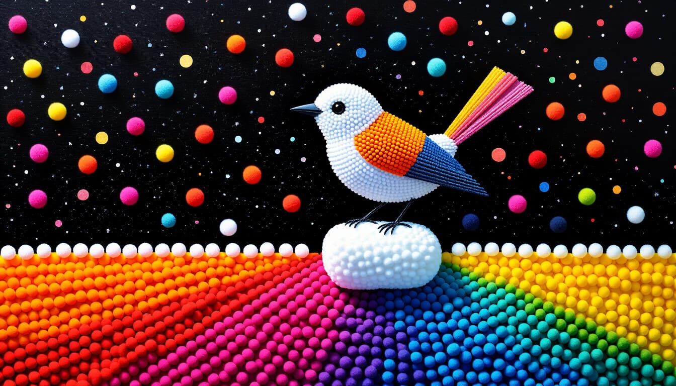 Pointillist Bird on Rooftop in Geometric Landscape