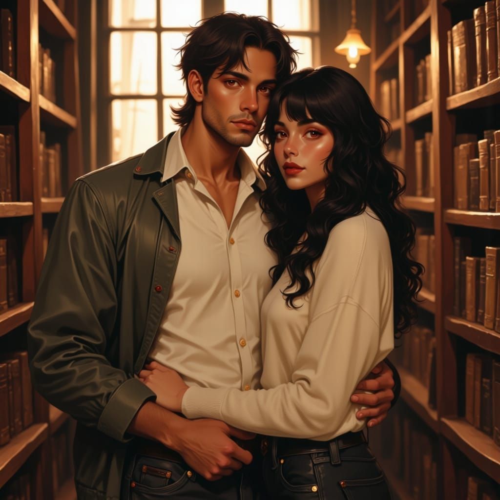 Couple in Vintage Library with Golden Light