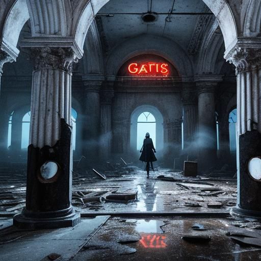 Ocean Waves and Gothic Ruins in Neon Fog