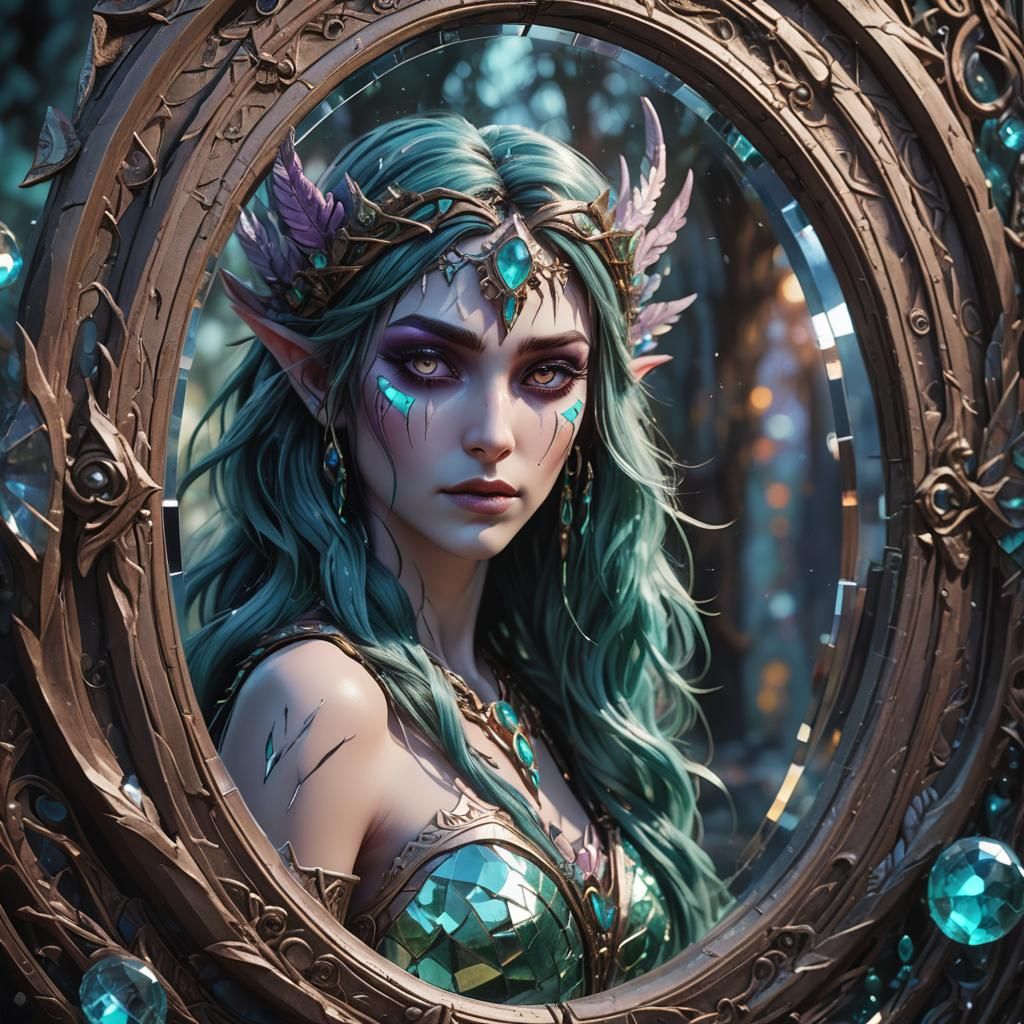 Tyrande Whisperwind in Fractured Mirror, Hyperrealistic 3D