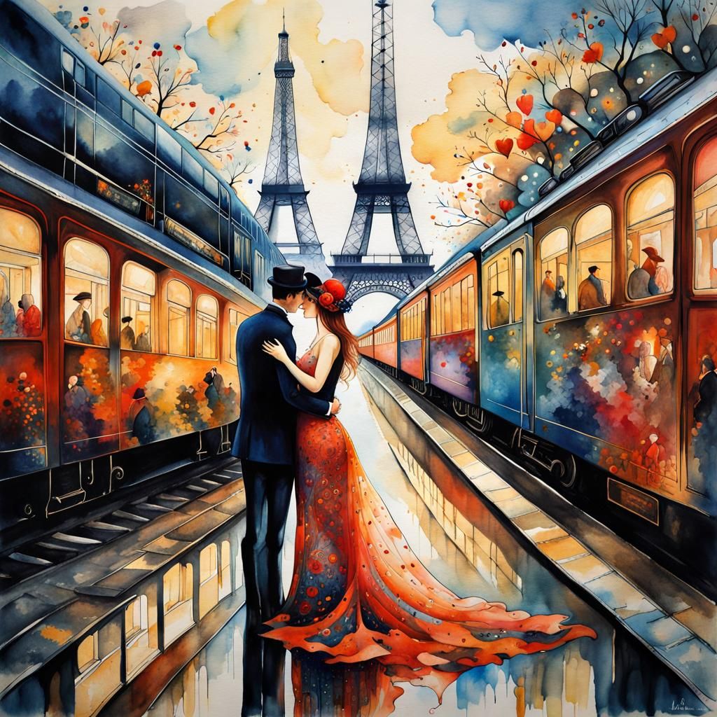 Paris Train Station Double Exposure Watercolor Poster