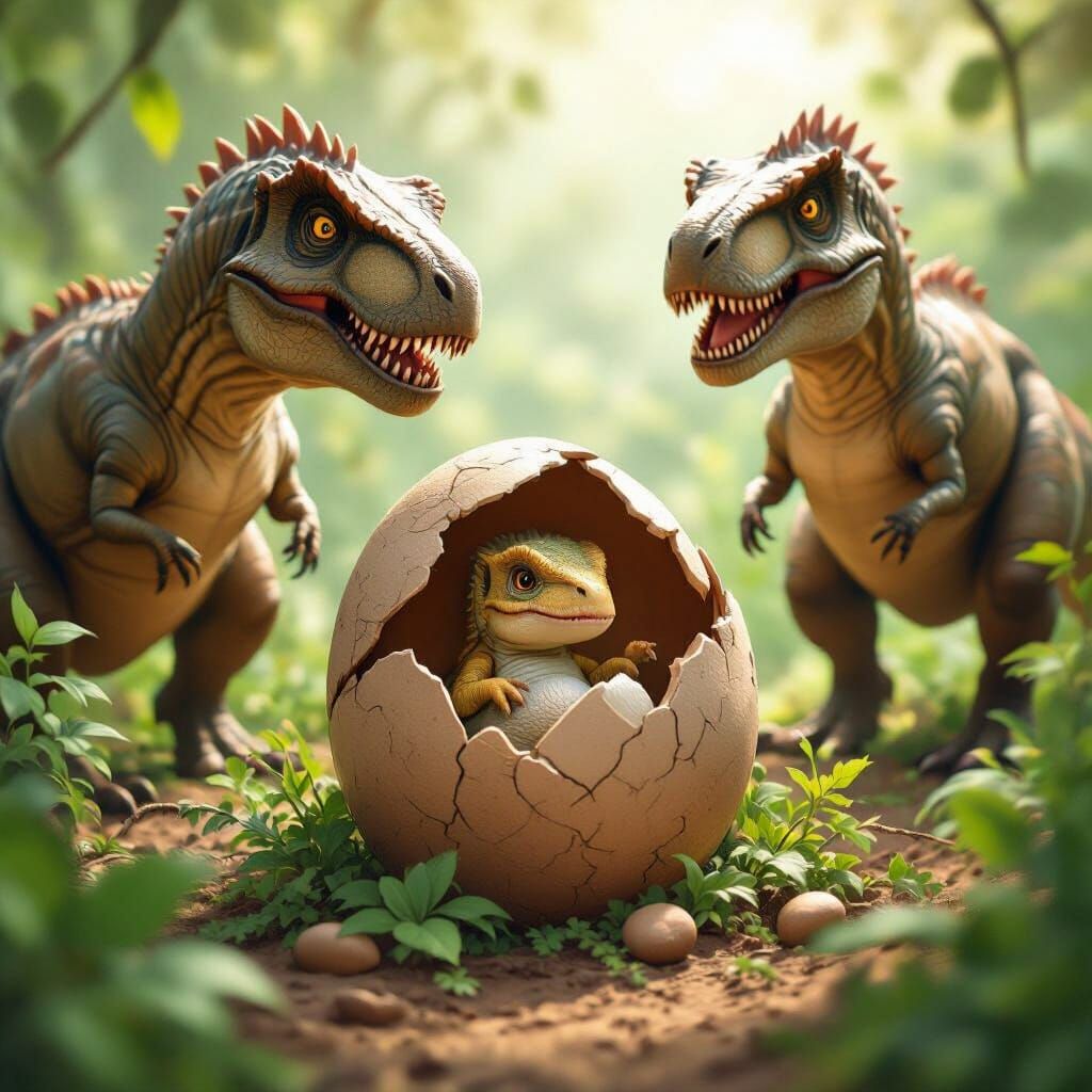 Baby T-Rex Hatching in Jungle, Digital Art