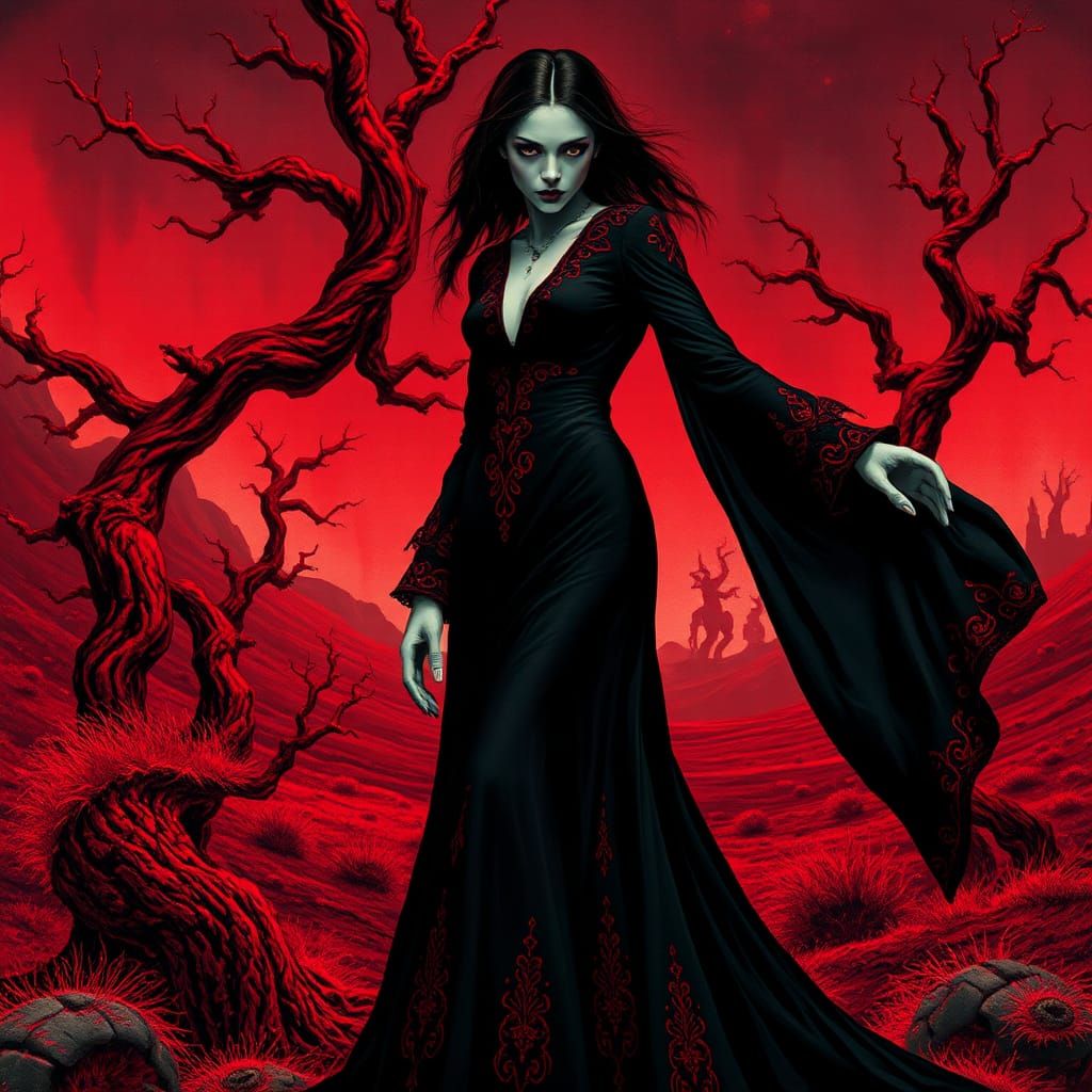 Surreal Vampire in Crimson Landscape: Mystical Realism