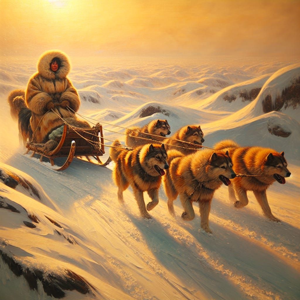 Aleut Woman Dogsledding in Golden Hour Oil Painting