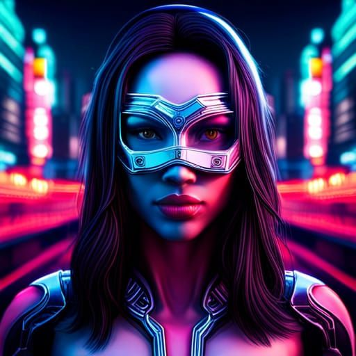 Cyborg Girl Portrait in Neon City, Hyperrealistic Style