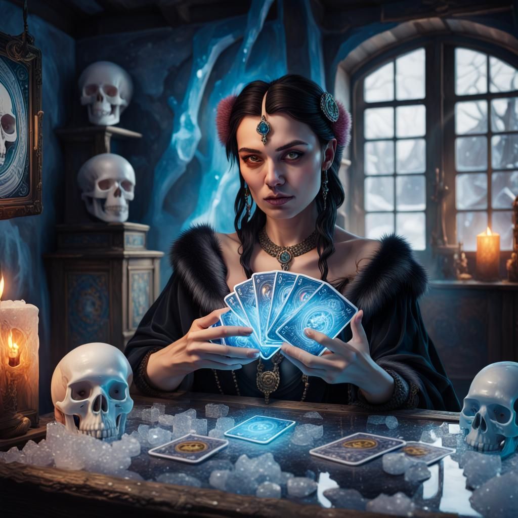 Hyperrealistic Tarot Card Reader in Ice House