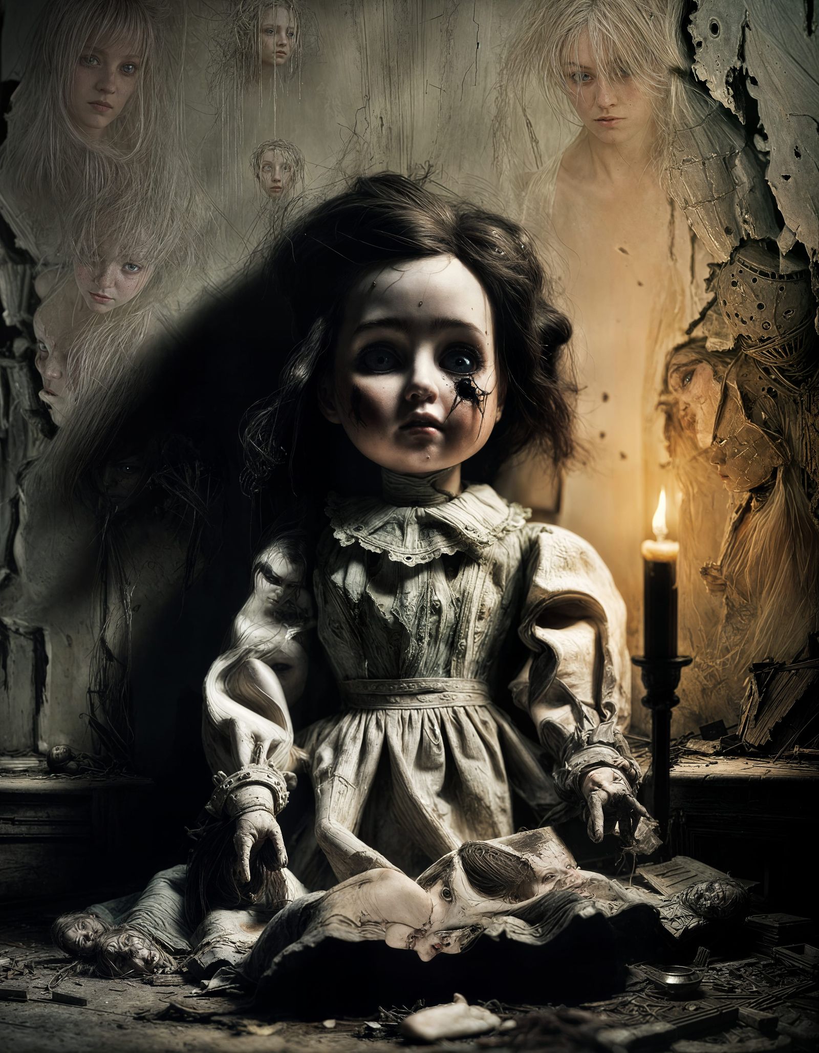 Cracked Porcelain Doll in Decaying House: Gothic Horror