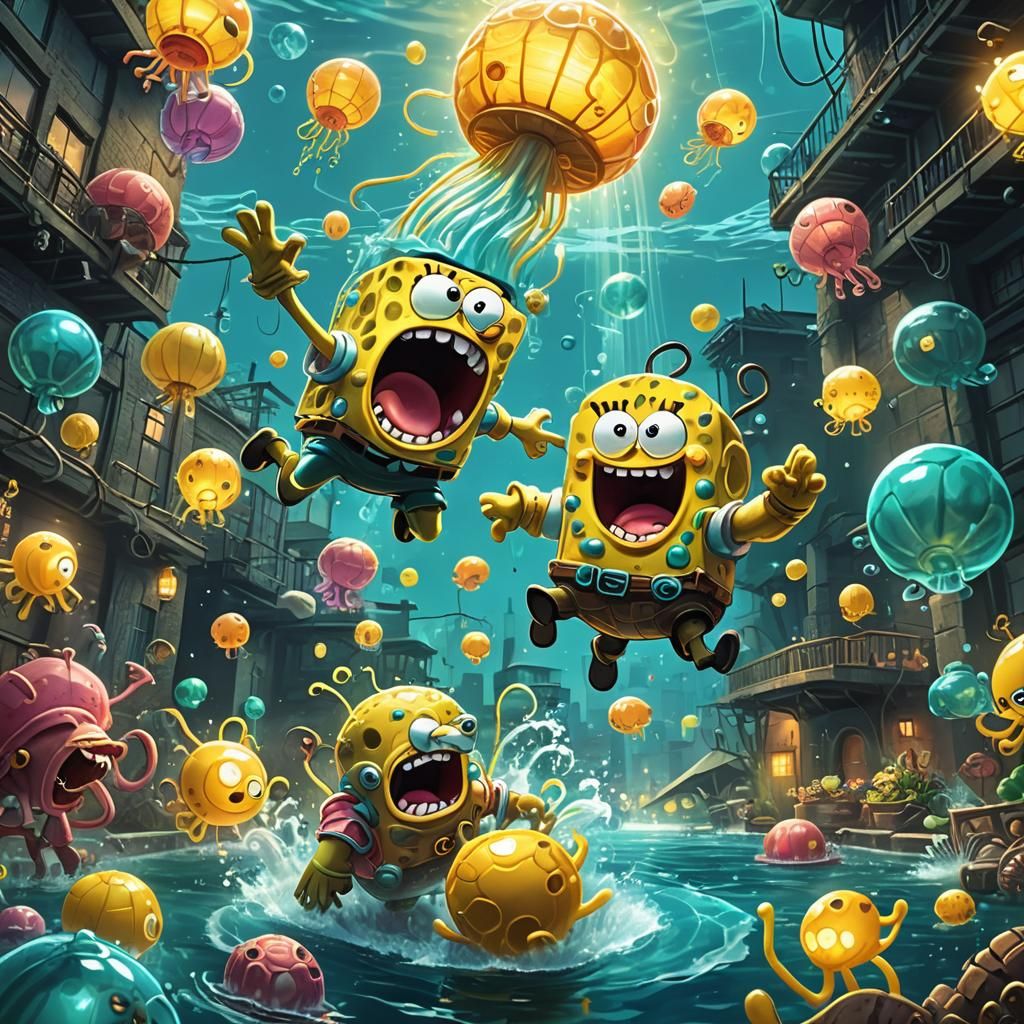 Pregnant SpongeBob vs Monkey: Underwater Cartoon Fight