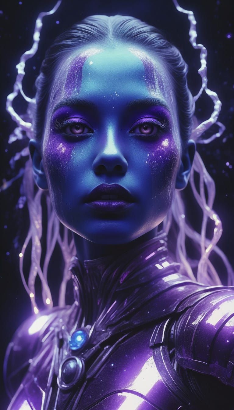 Ethereal Goddess with Shimmering Silver Skin and Vibrant Pur...