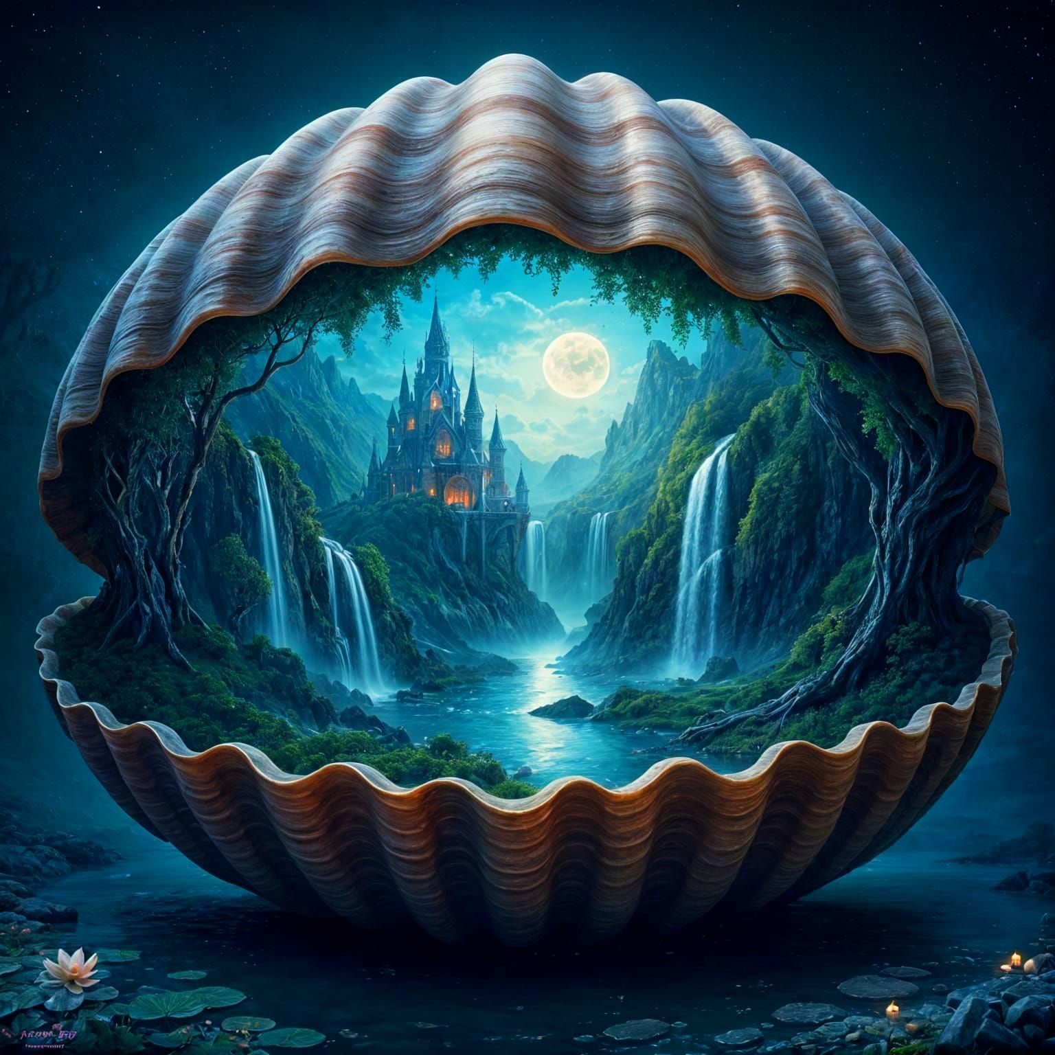 Fantastical World Within a Shell in Deep, Dark Fairytale Sty...