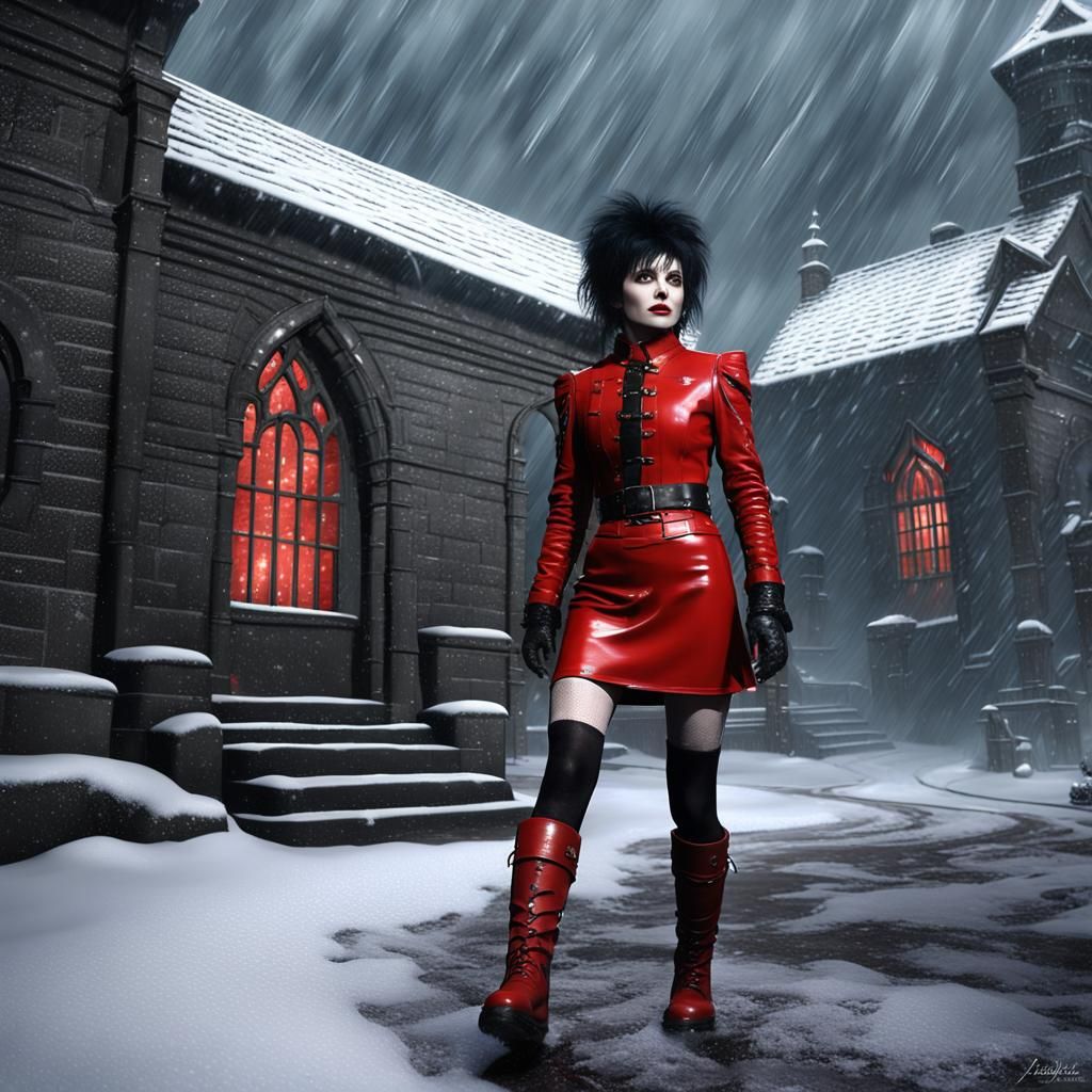 Siouxsie Sioux in Red Latex During Snow Storm