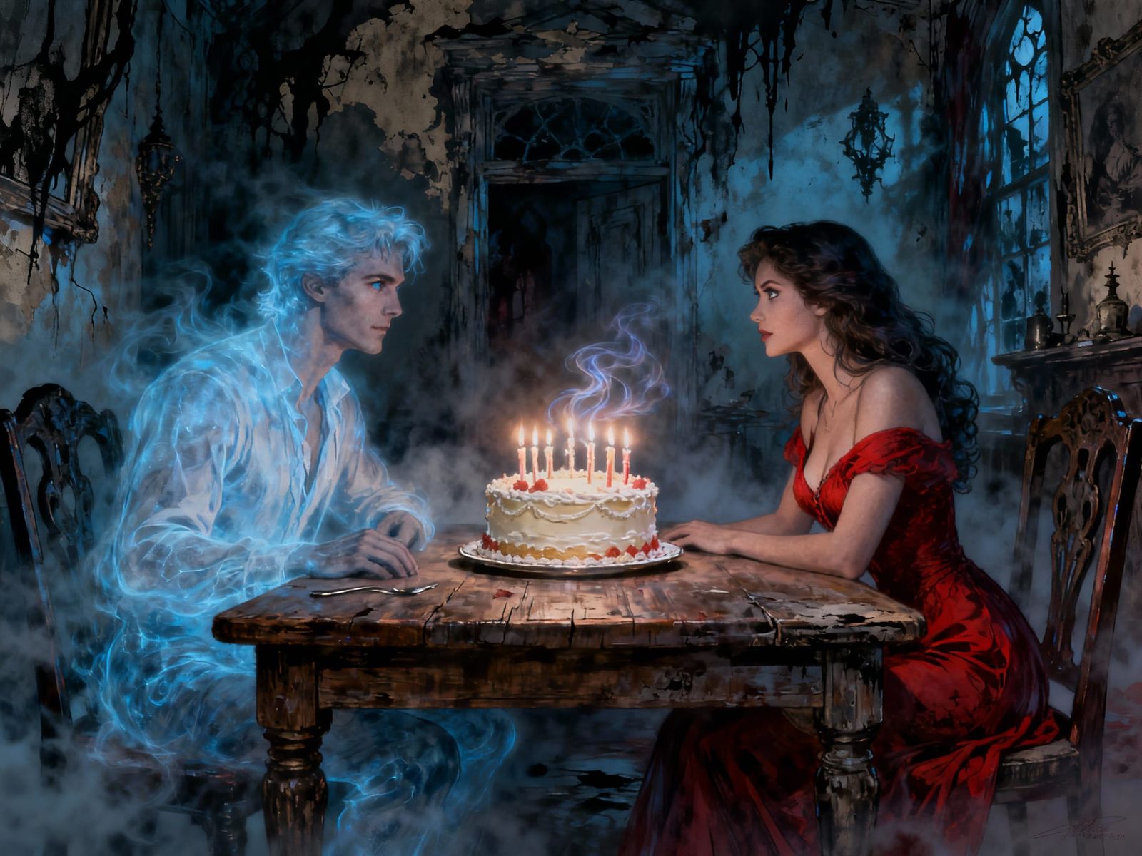 Spectral Lovers Share Birthday Cake in Haunted House