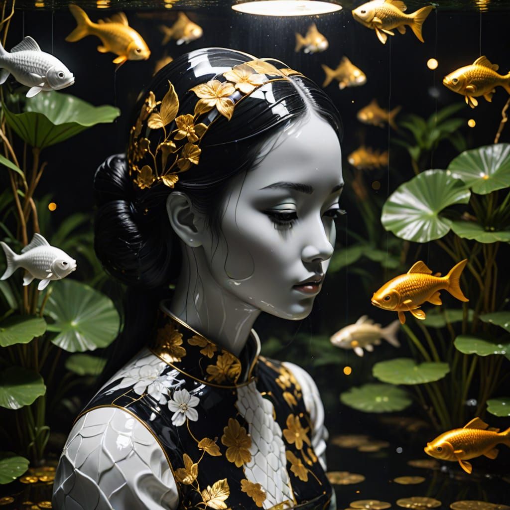 Double Exposure Portrait with Koi Pond Waterfall