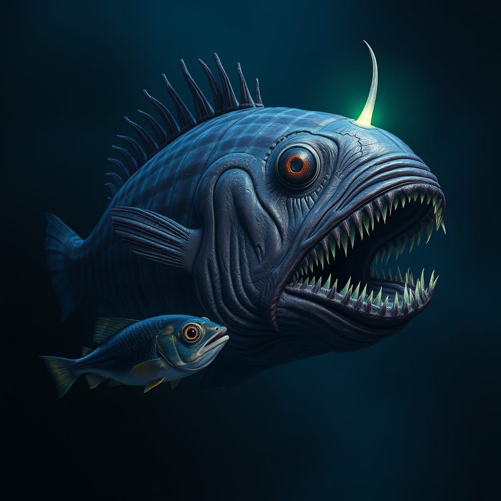 Giant Anglerfish Illuminates Dark Depths in Cyberpunk Style