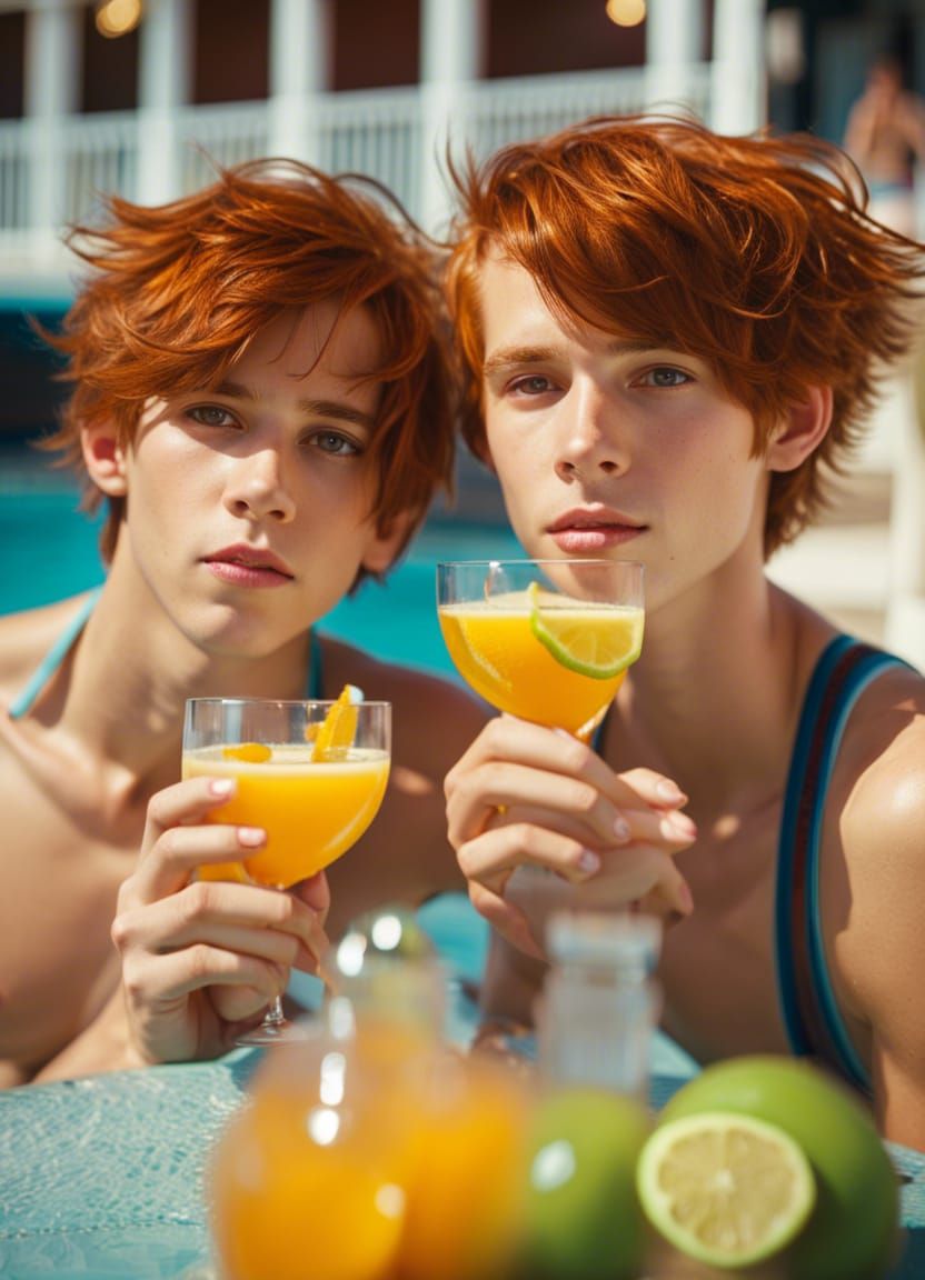 Freckled Redhead Teens Lounging Poolside in Summer